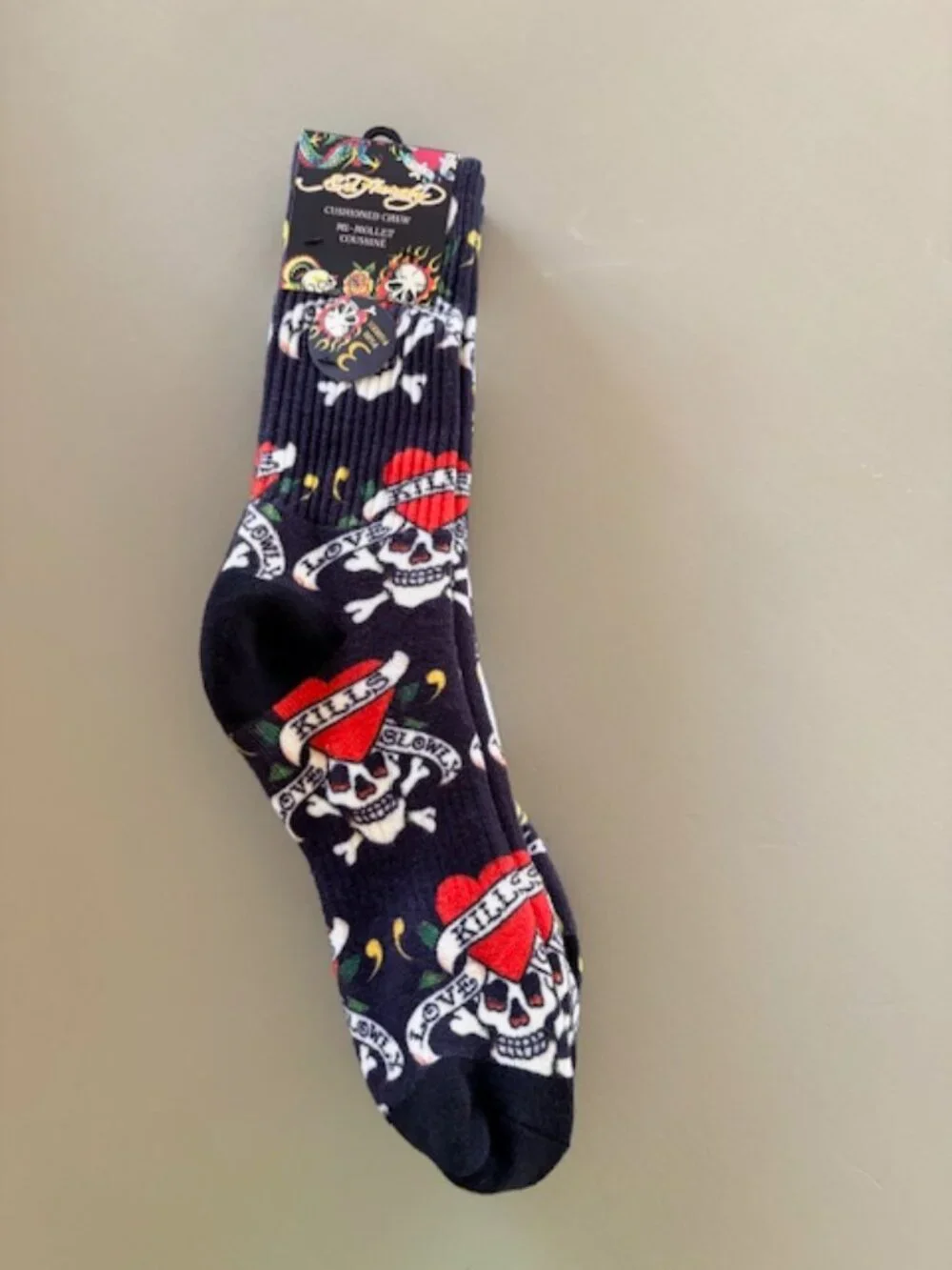 ED HARDY Tattoo Print Crew Socks 3 Pairs Mens 6-12 Womens 8-12 NEW